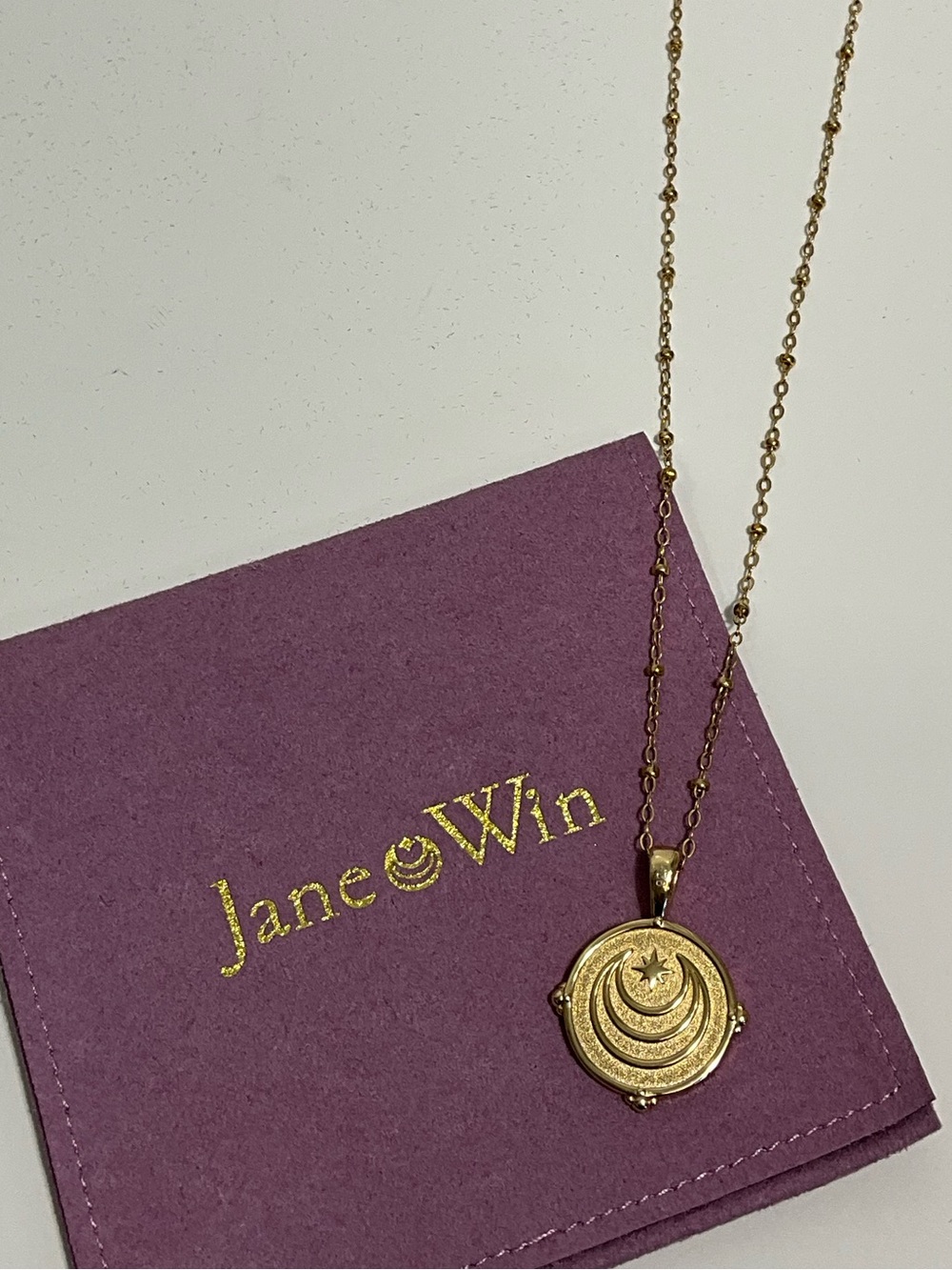 JANE WIN Gold Crescent Moon Star Medallion Necklace Celestial Coin Pendant Charm